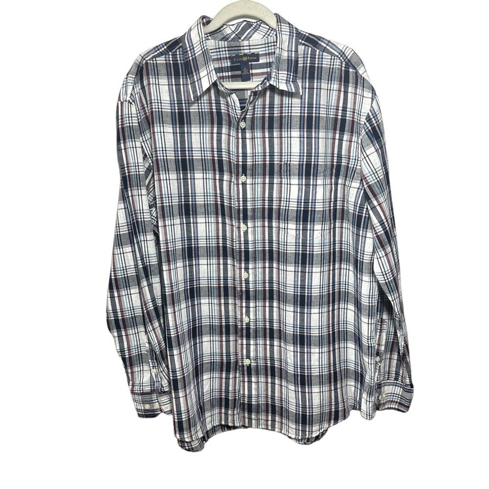 Club Room by Charter Club Mens Sz L Button Up Plaid Dress Shirt Linen Blend